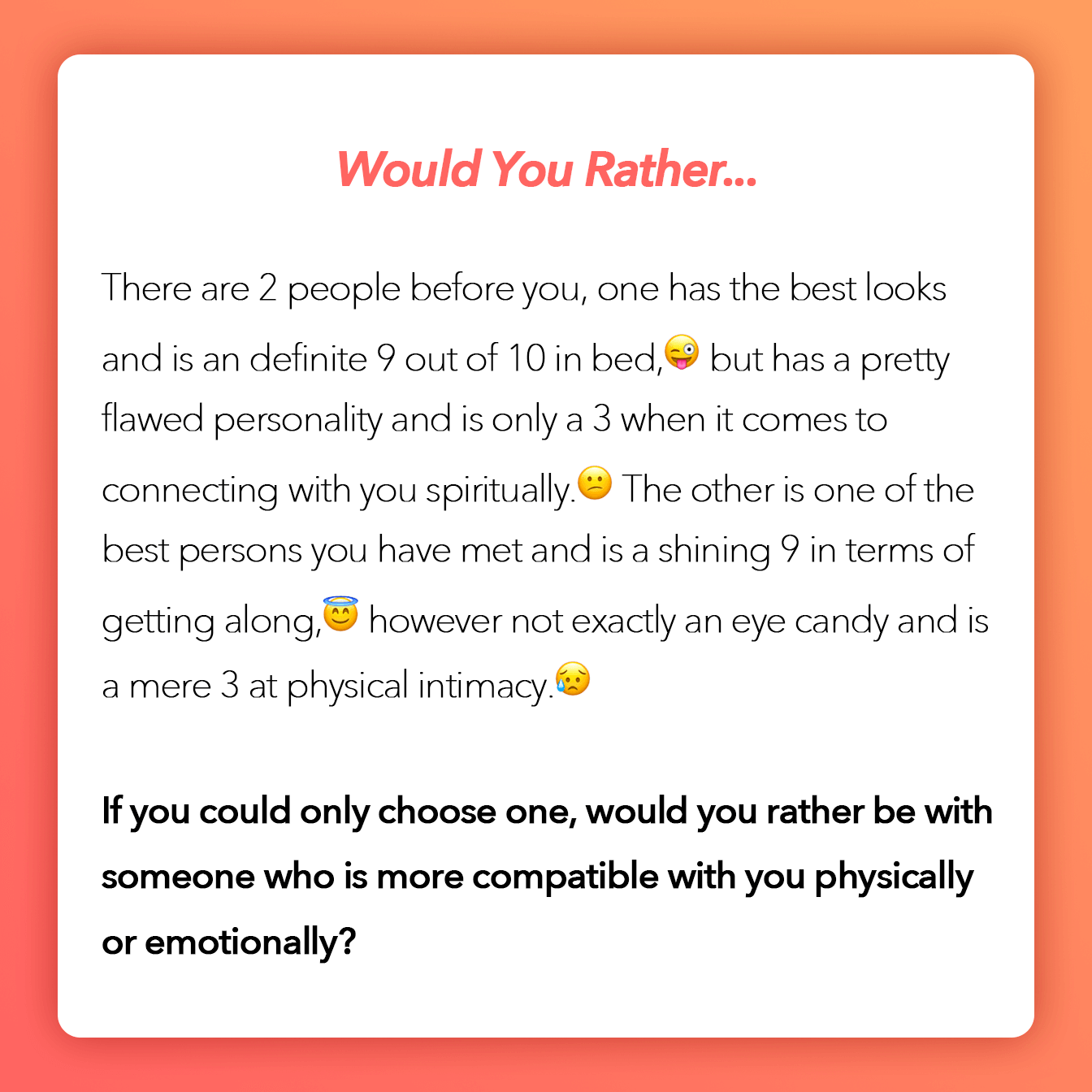 Hi everyone, hope you are having another wonderful week!✨ They say there is the law of attraction, so what if…🤔 If you could only choose one, would you rather be with someone who is more compatible with you physically or emotionally? Take a poll below and tell us what you think in the comments!👇