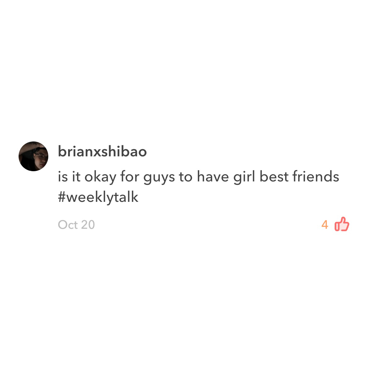 Is it okay for guys to have girl best friends ---The topic for this edition of Weekly Talk comes from our user, brianxshibao.🎉 If you have great ideas, please leave them in the comments below.👇