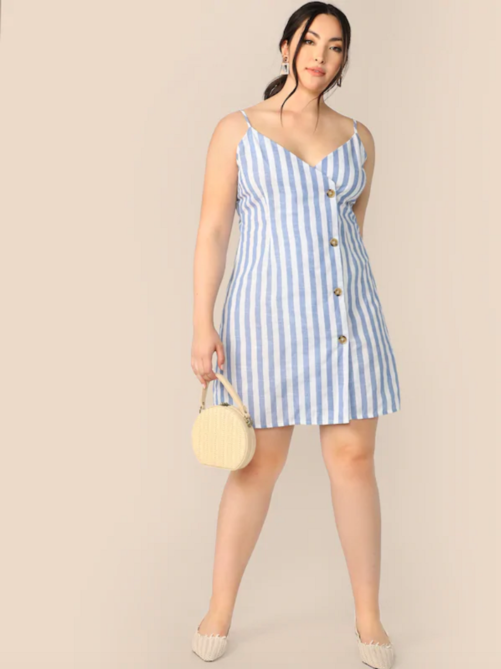 Plus Single Breasted Striped Cami Dress