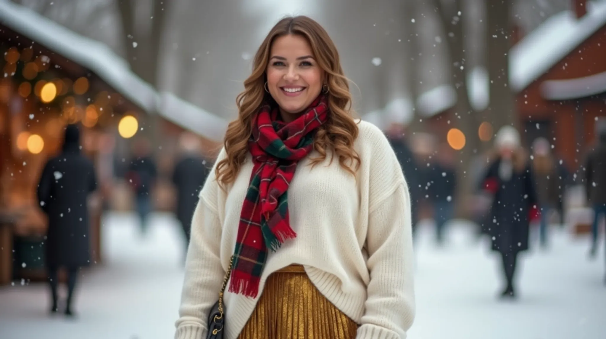 a plus size lady wears white sweater with a gold skirt