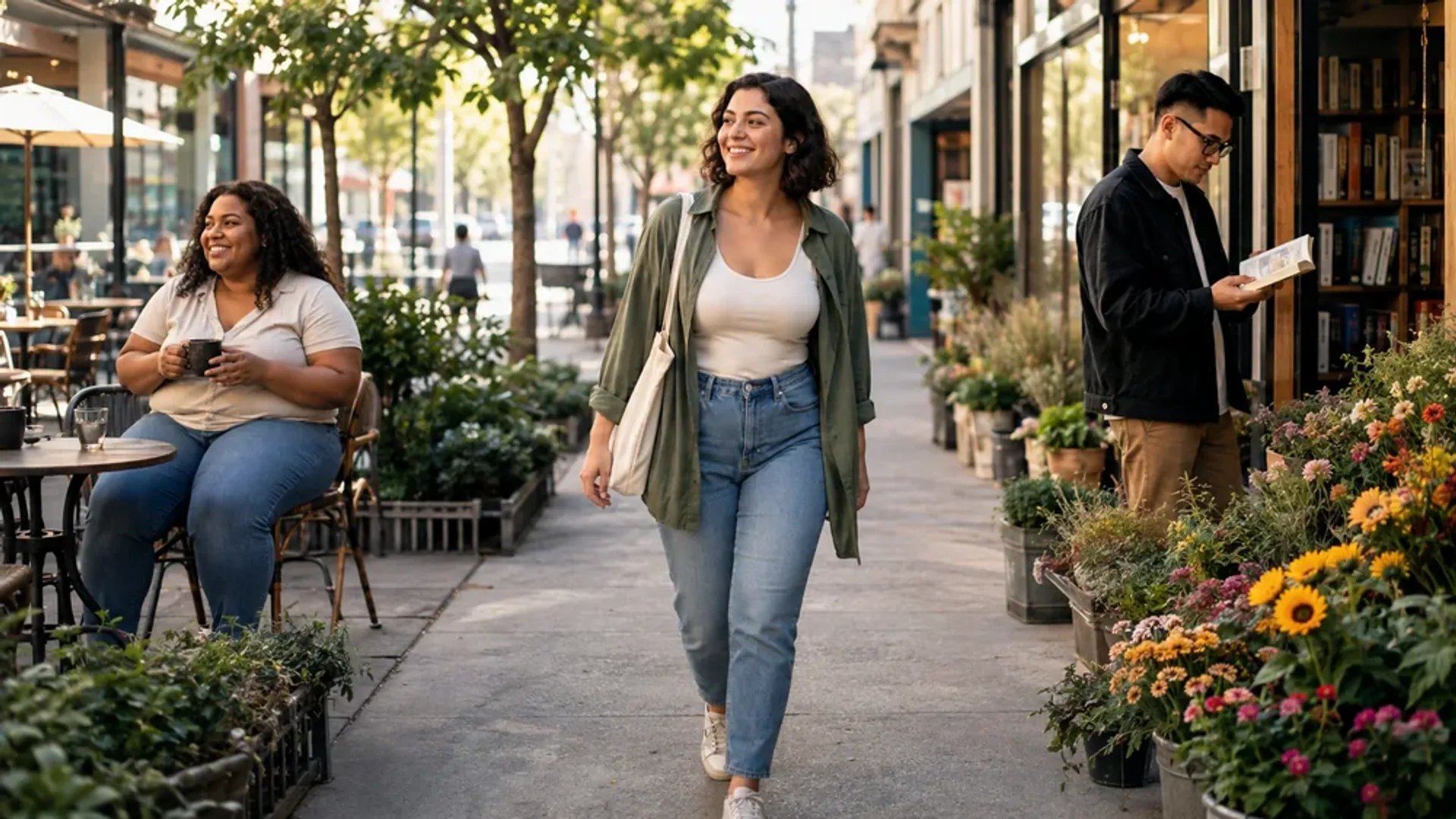 Diverse adults enjoying natural candid moments at a cafe, market, and bookstore