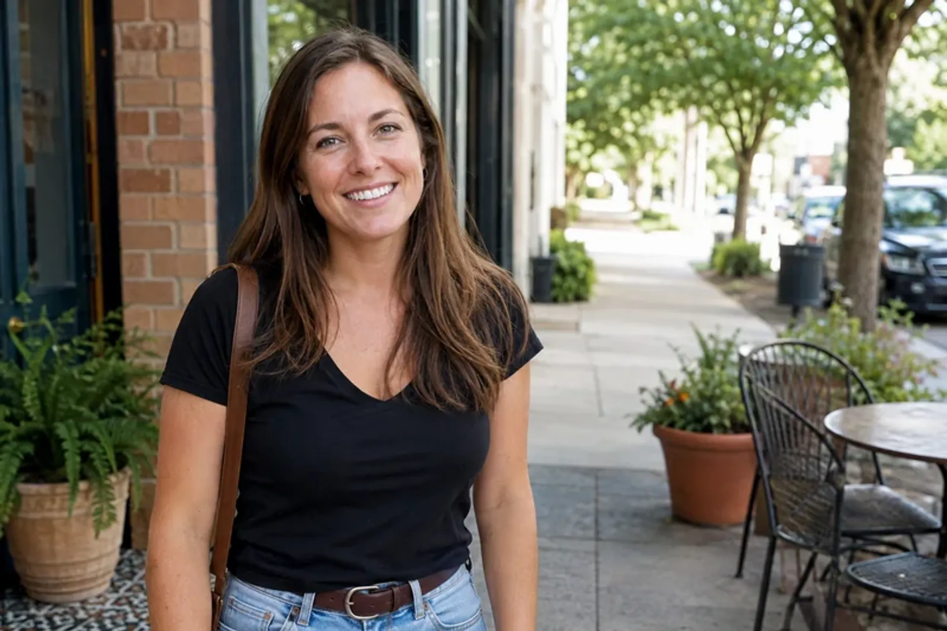 Woman smiling in a clear solo candid dating profile photo outside a cafe