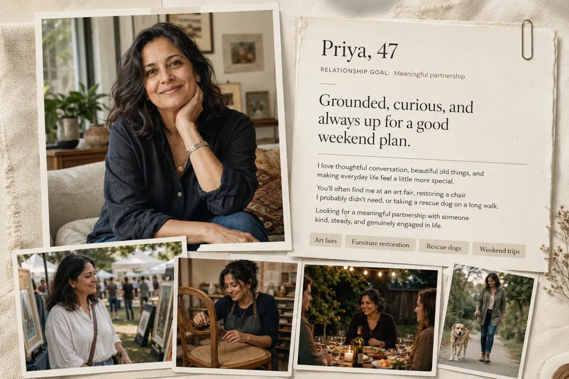 Priya's dating profile example for women over 40 with art, furniture, and rescue dog photos