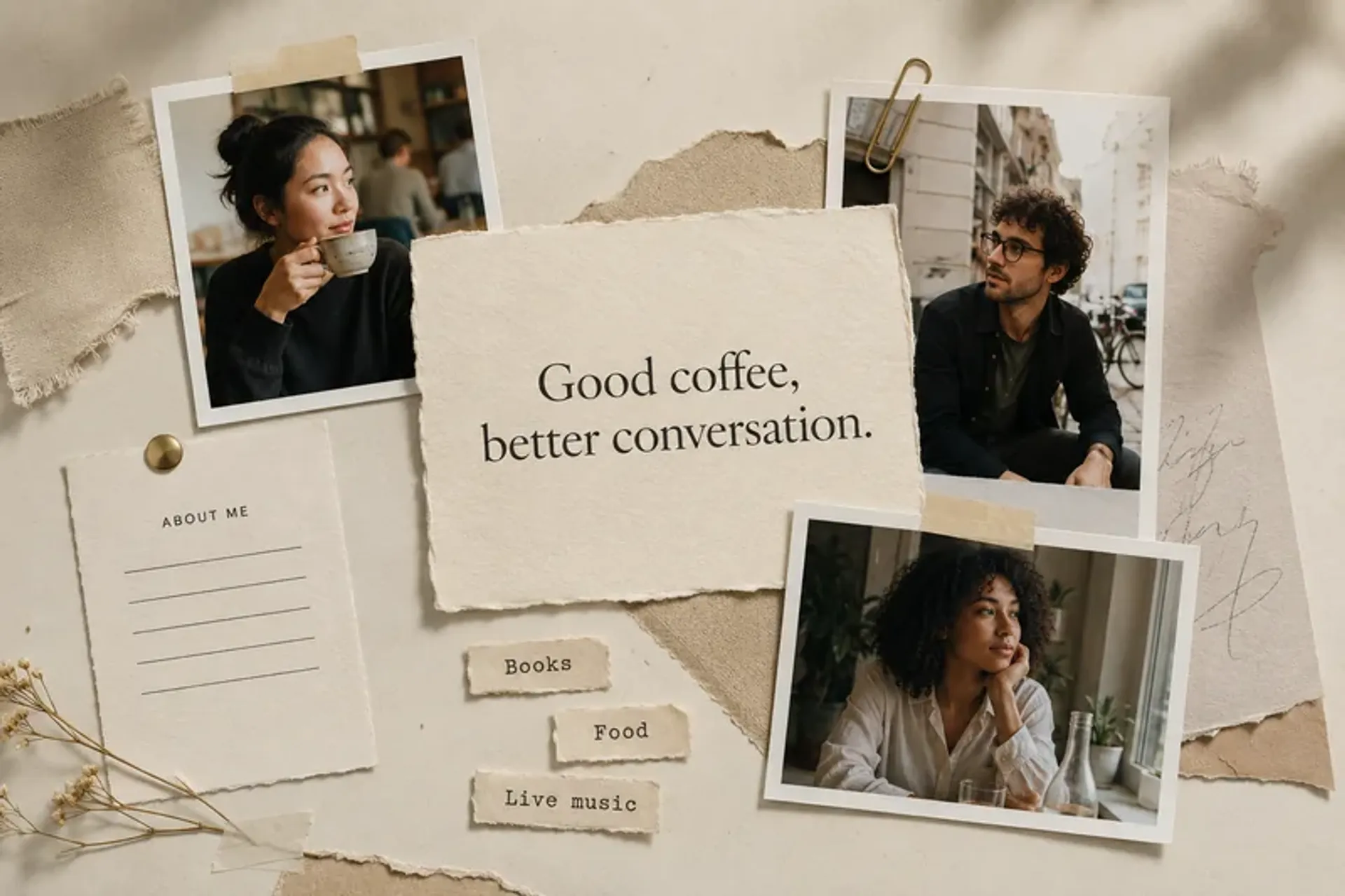Natural dating profile photos paired with the headline “Good coffee, better conversation.”