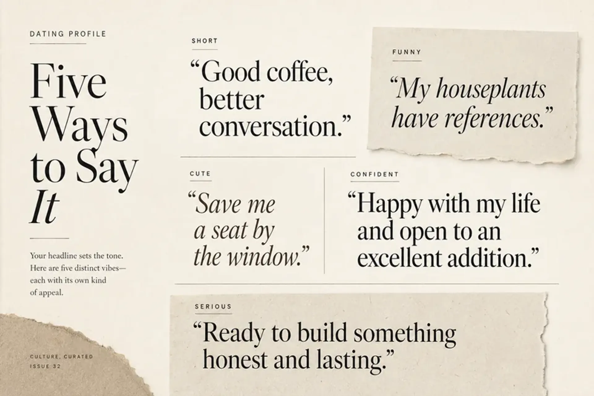 Five dating profile headline styles with short, funny, cute, confident, and serious examples.