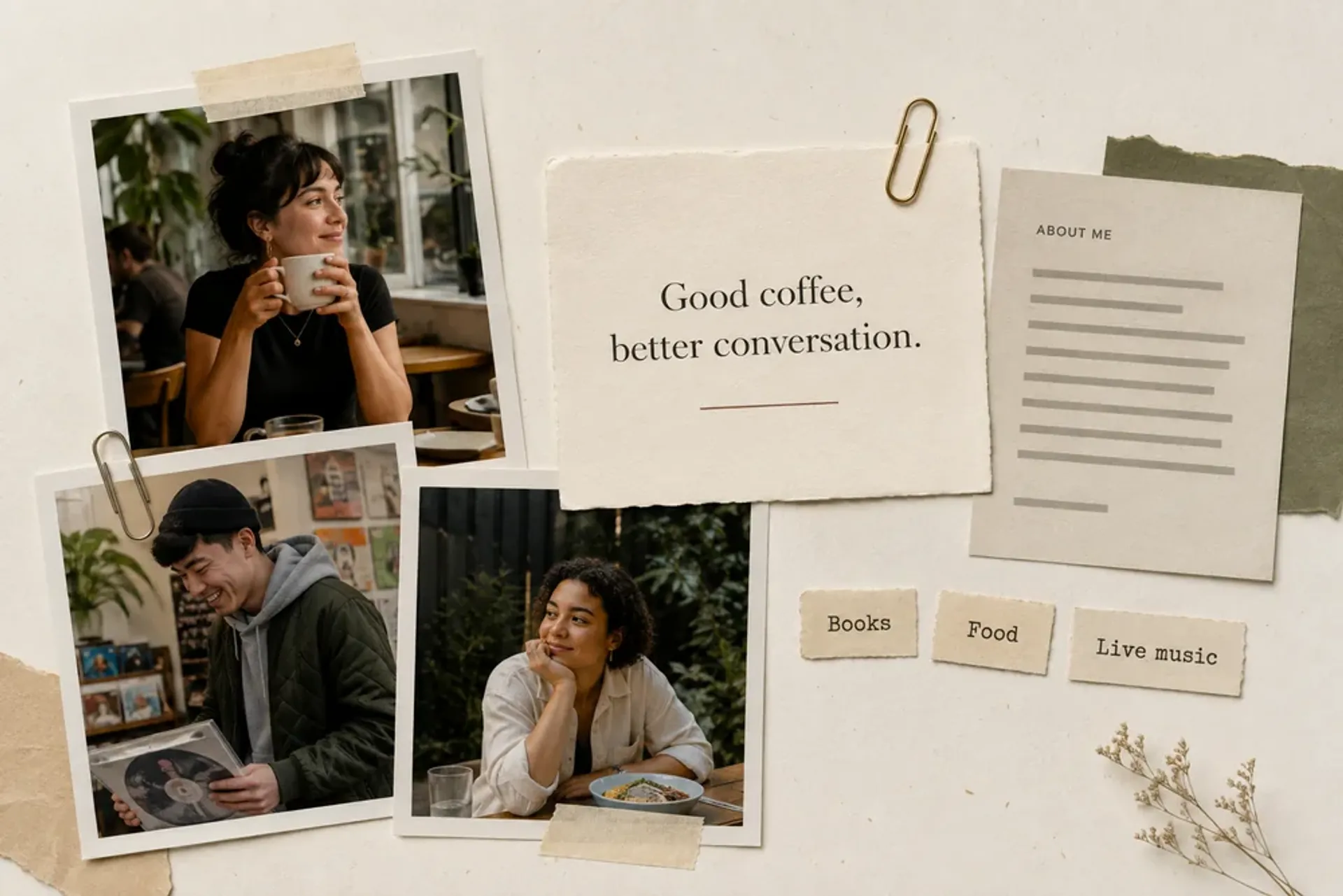 Dating profile headline collage with natural portraits and the example “Good coffee, better conversation.”