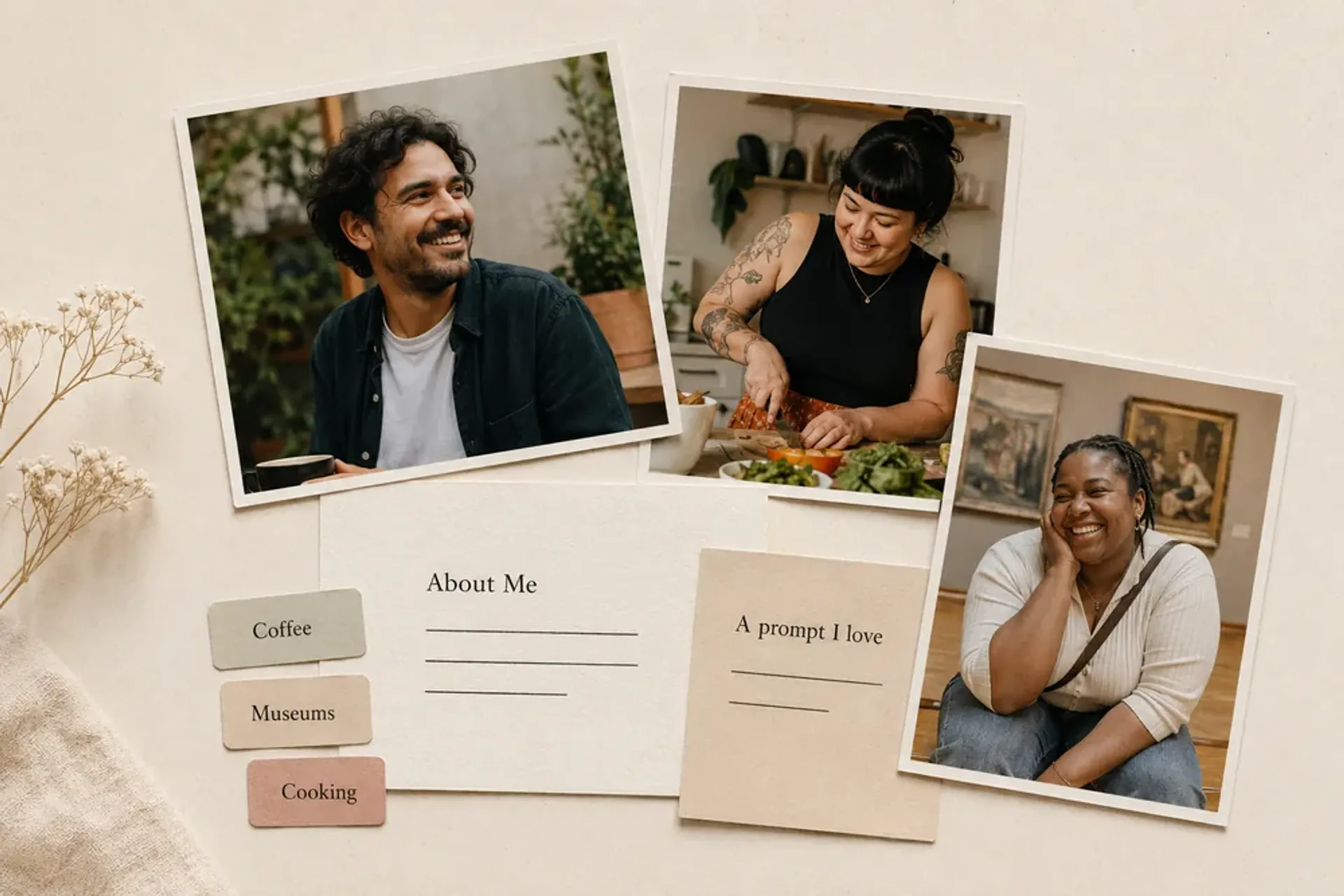 Dating profile template with example photos, bio prompts, and interests