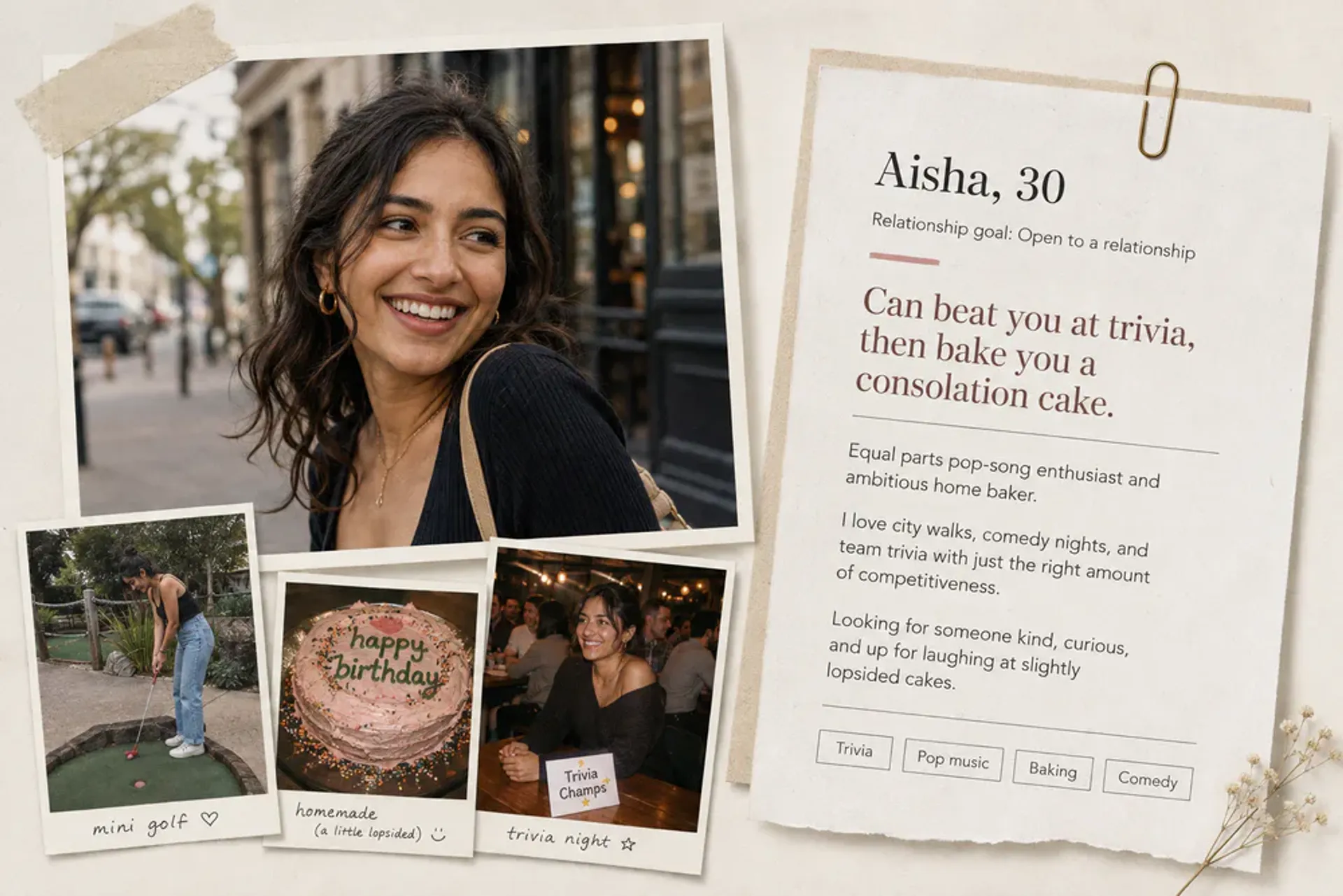 Aisha beside snapshots of mini golf, a birthday cake, and trivia night