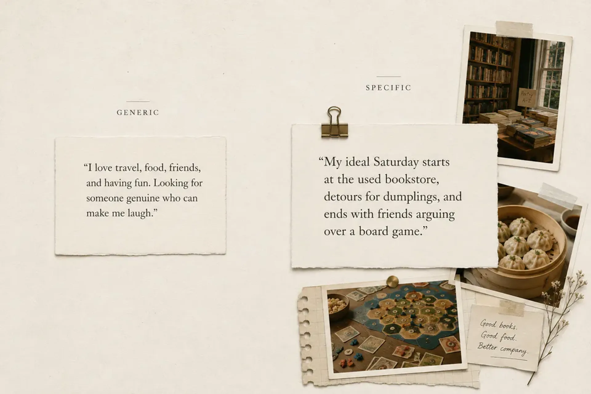 Generic and specific dating profile examples compared with bookstore, dumplings, and board game details