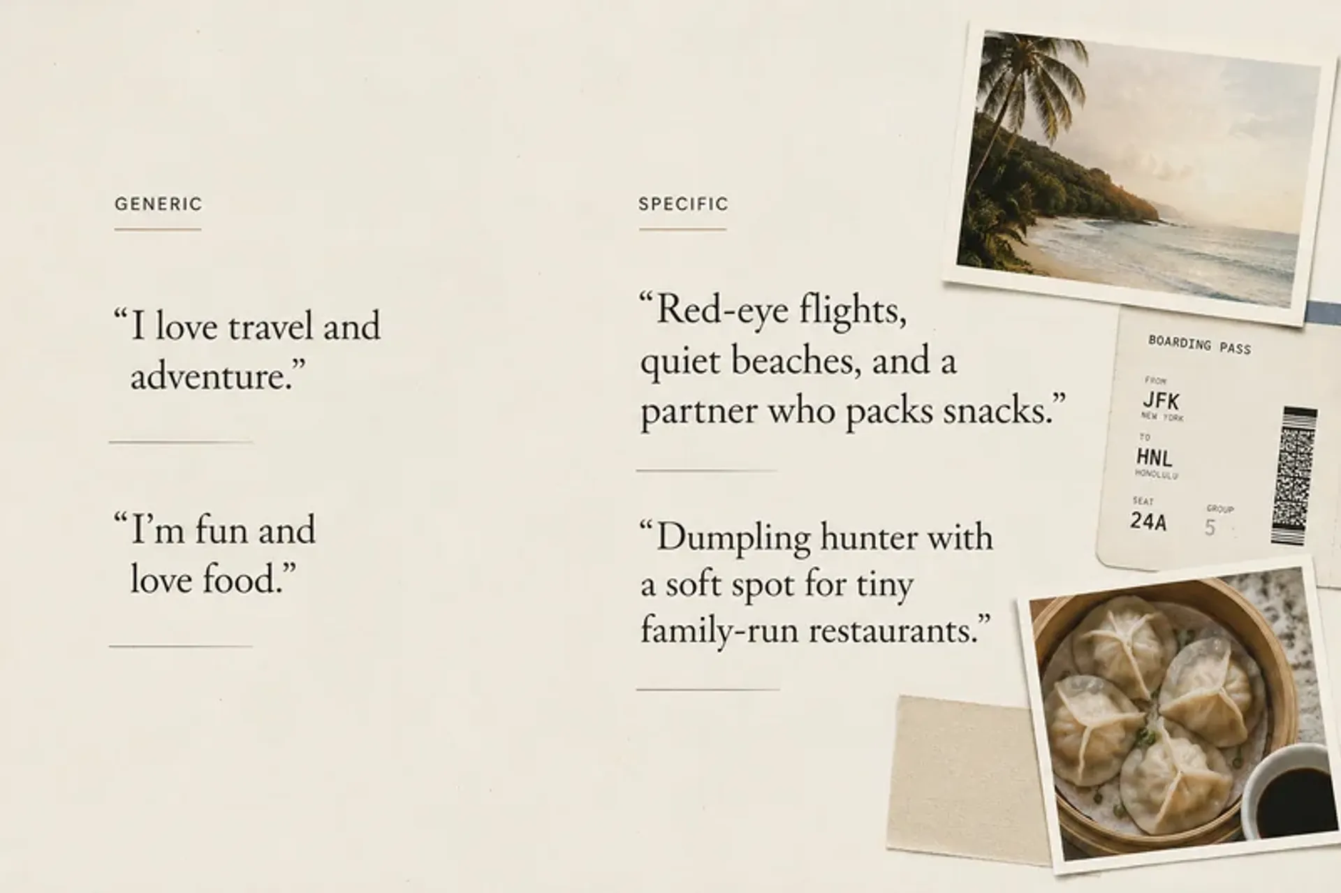 Generic dating profile headlines compared with specific travel and food examples.
