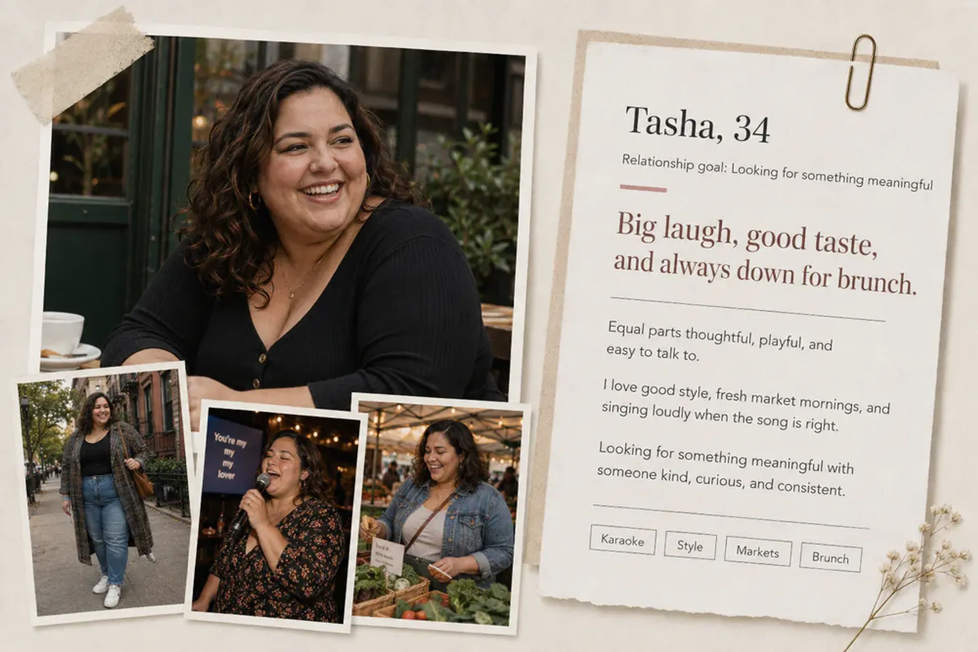 Tasha with photos from a city walk, karaoke night, and a farmers’ market