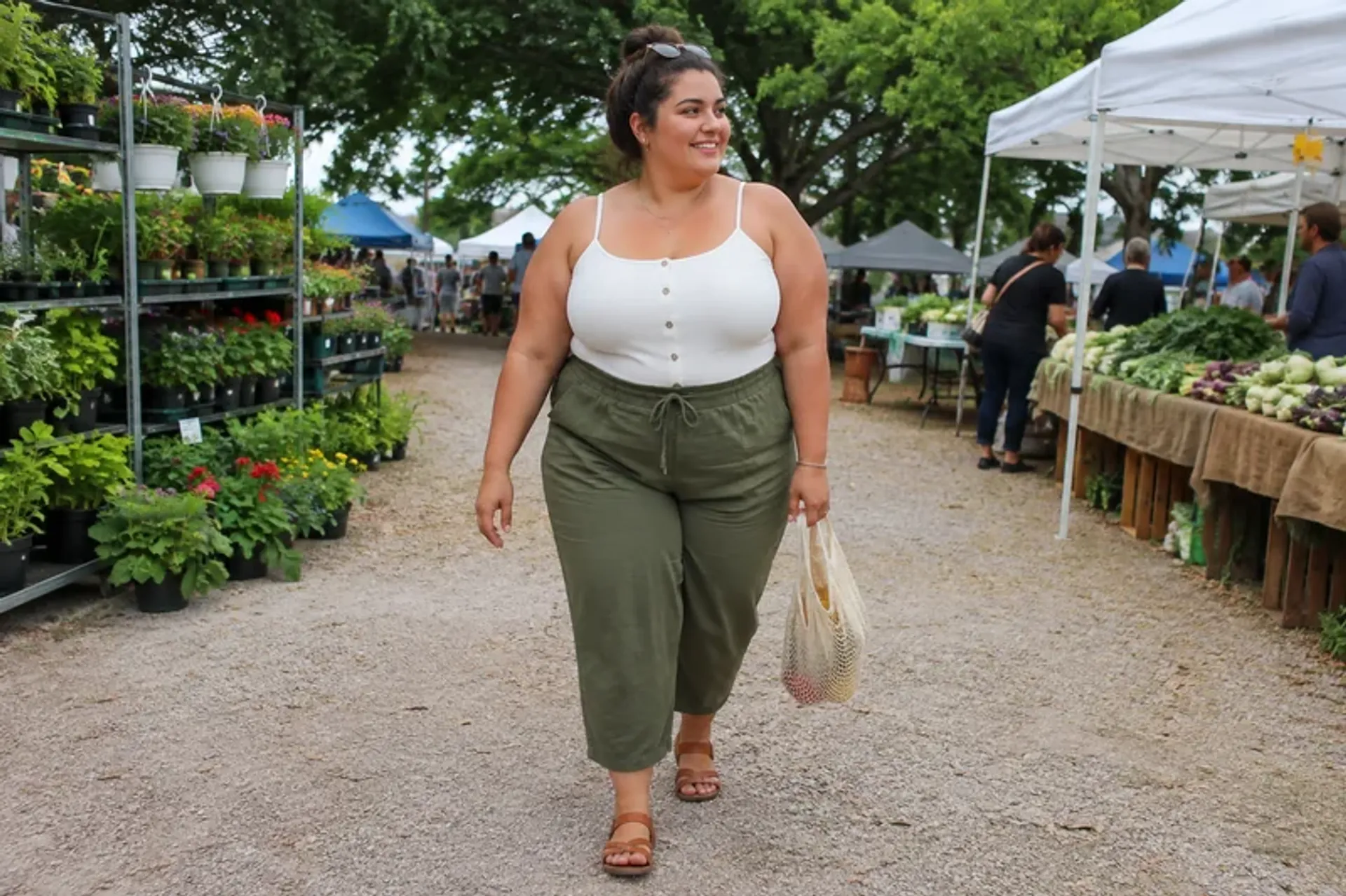 Plus-size woman walking through a farmers market in a full-body candid dating photo