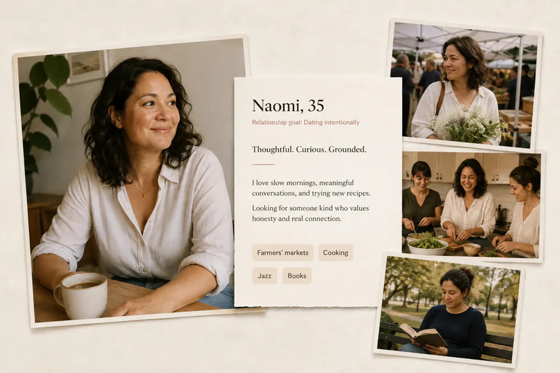 Naomi's serious dating profile example with market, cooking, and reading photos