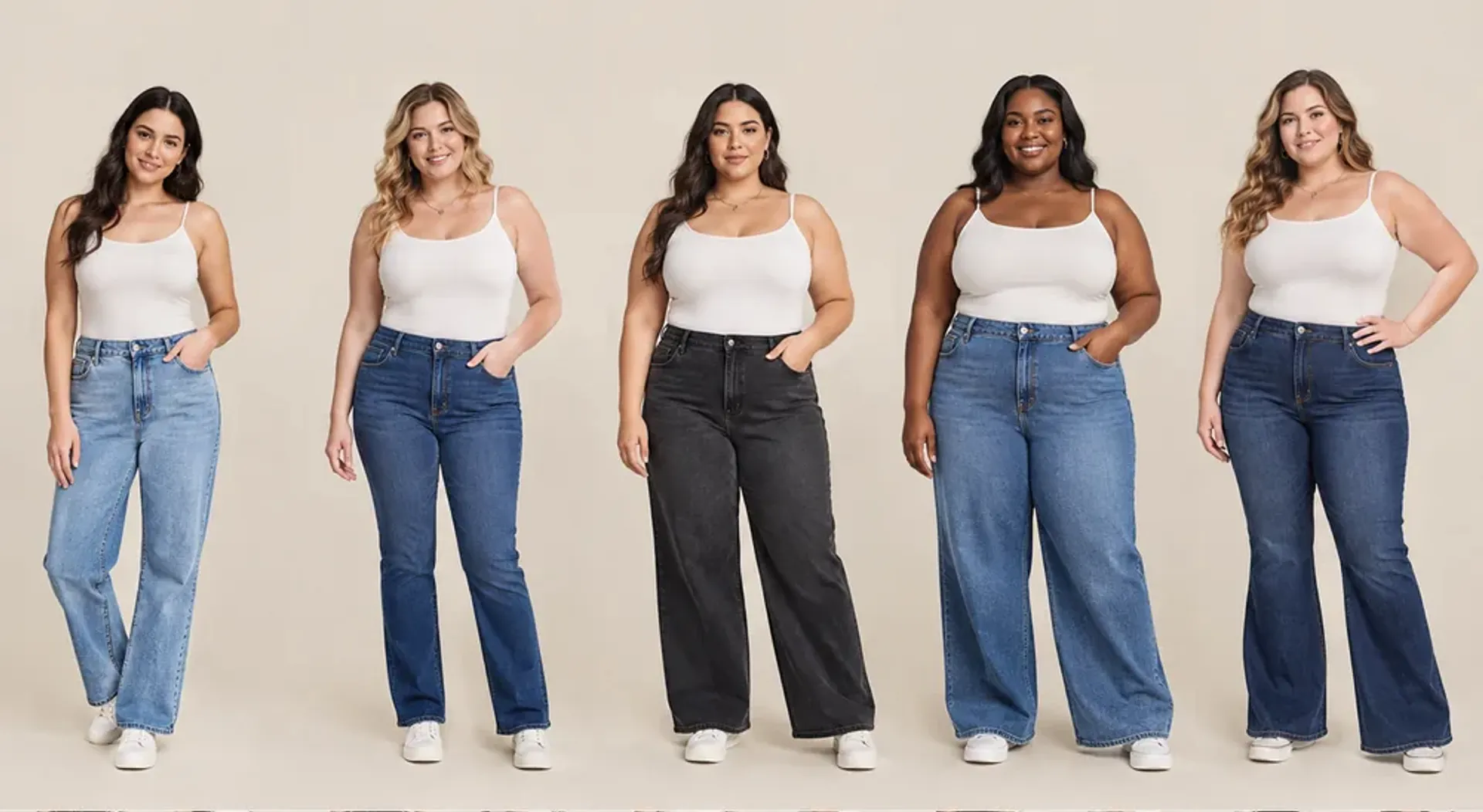 Women with different body shapes wearing jeans for a women’s jeans size guide