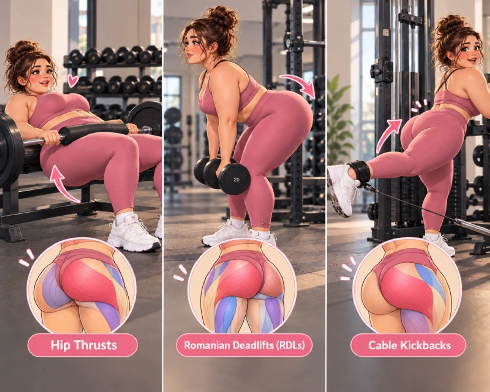 Hip thrusts, Romanian deadlifts, and cable kickbacks for glute growth