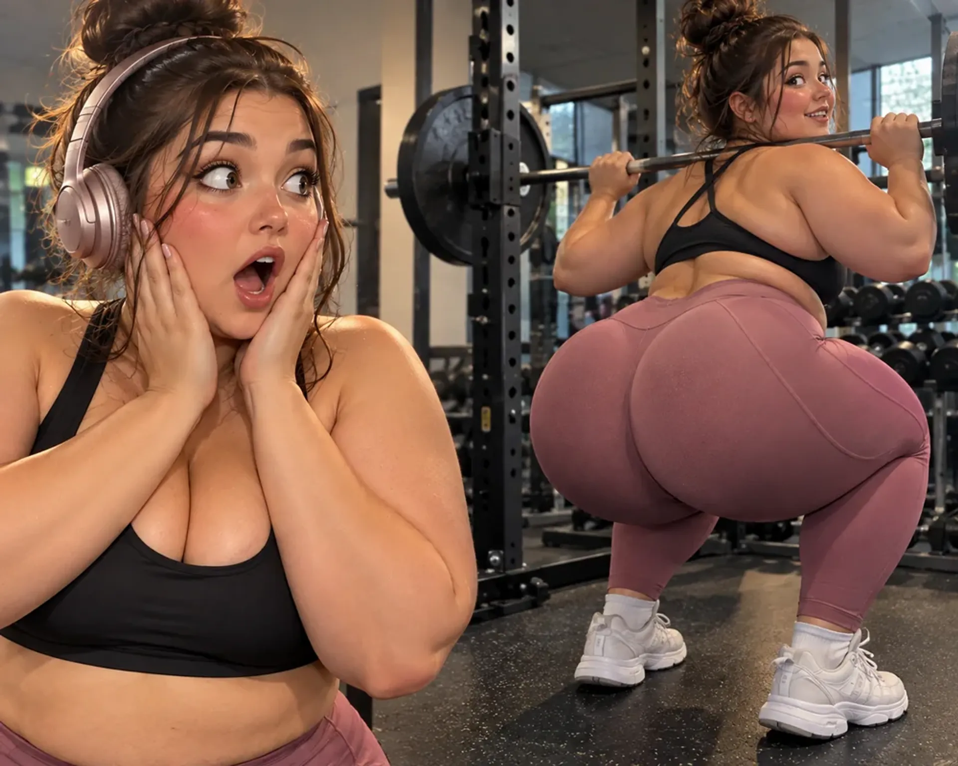 Plus-size woman performing a barbell squat in a gym
